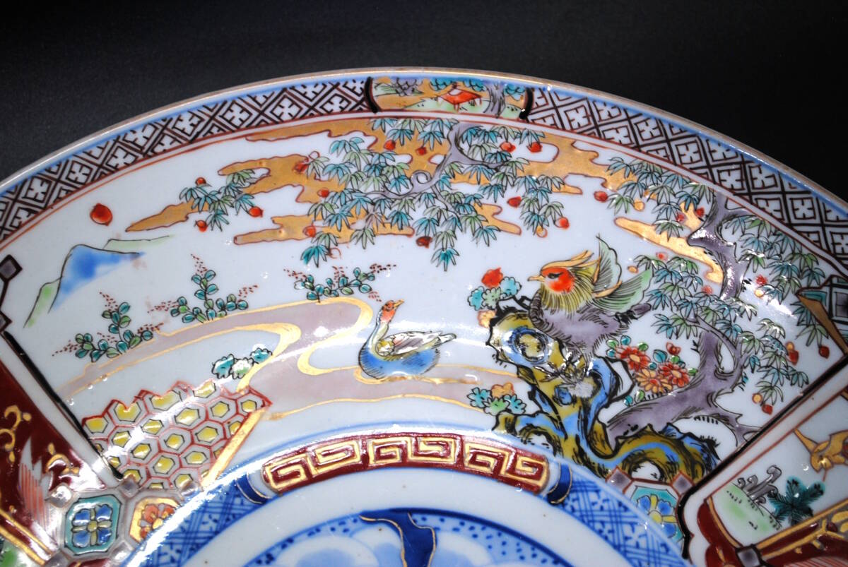 【売切り屋】古伊萬里色絵 大皿 犬と鴛鴦鴨図 江戸時代后期～明治 花鳥蝶鶴松菊 染錦 金彩 尺皿 舊家蔵出