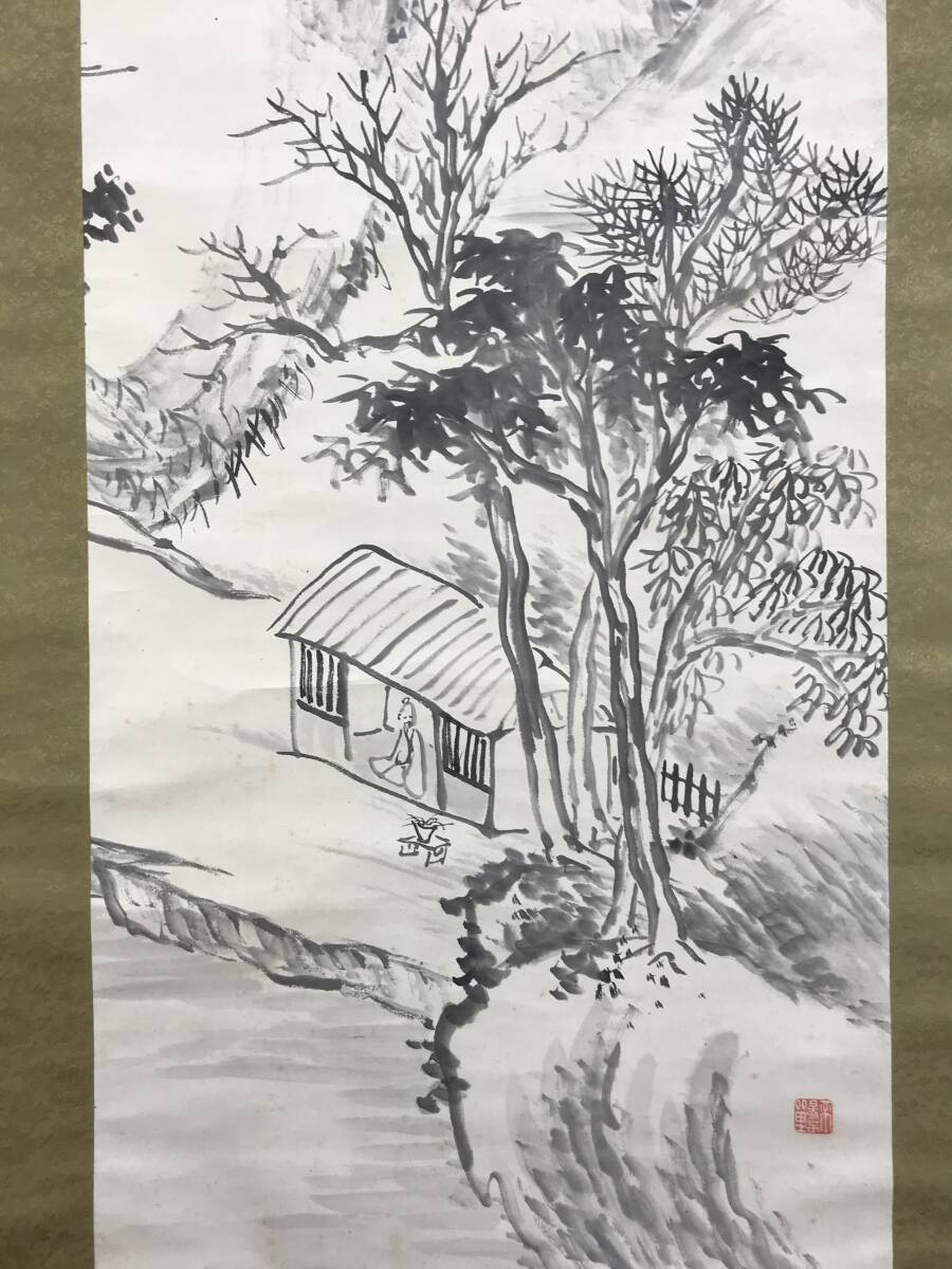 真作/長坂雲在/山水人物画賛/山水図/掛軸☆宝船☆AG-635 美術品
