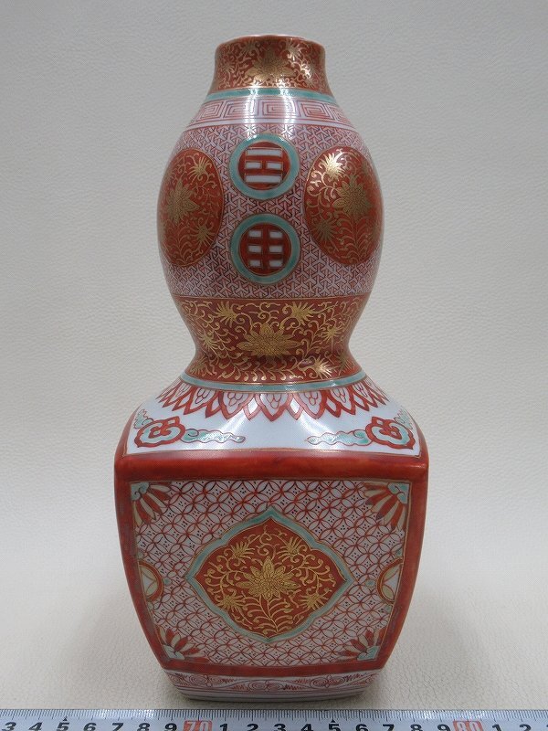 D2744 陶源 九谷焼 金襴手 細密画 角瓢形瓶 花瓶 花入 花生