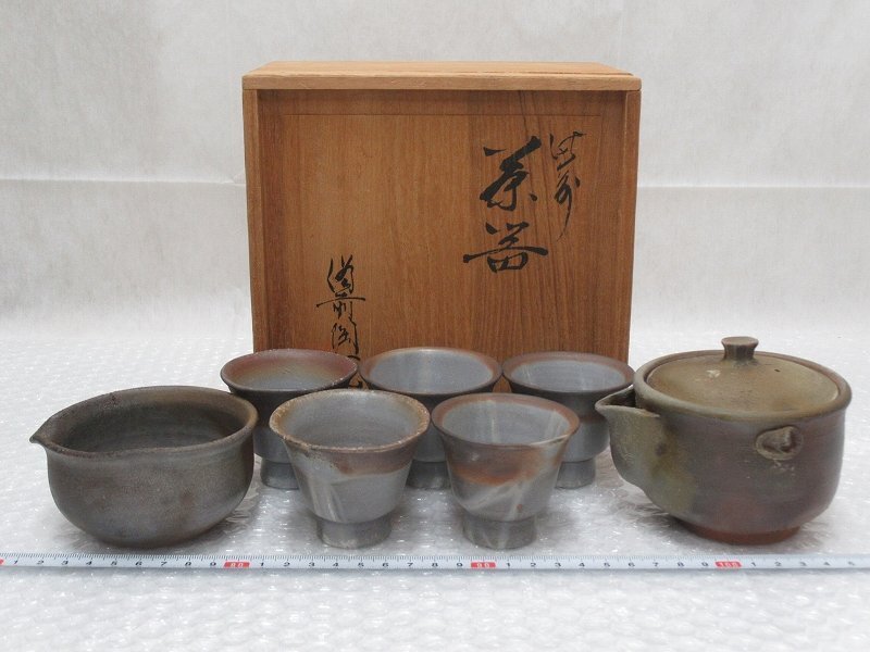 P4848 備前陶苑 備前焼 宝瓶 煎茶碗 湯冷し 7点 煎茶器 共箱