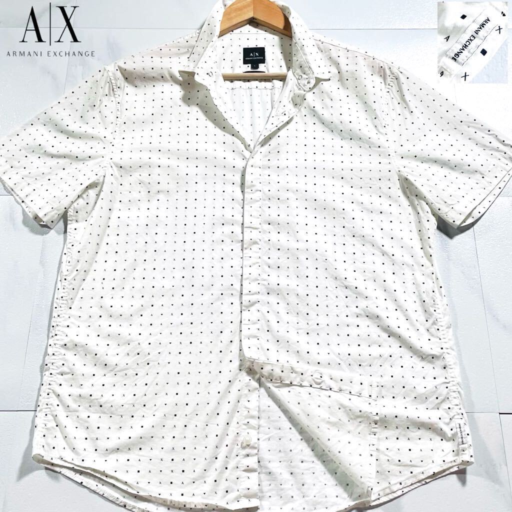 極美品/Lサイズ●アルマーニ エクスチェンジ 半袖シャツ 羽織り ARMANI EXCHANGE ストレッチ AXロゴ総柄 白 ホワイト 清潔感 ロゴタグ