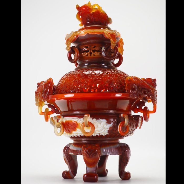 【治】中国美術　瑪瑙　遊環　透彫刻　香炉☆高さ 32.5ｃｍ　大香炉　細密彫刻　唐物　置物　オブジェ　(検：沈香壷 飾壷 置物 玉)　AY08