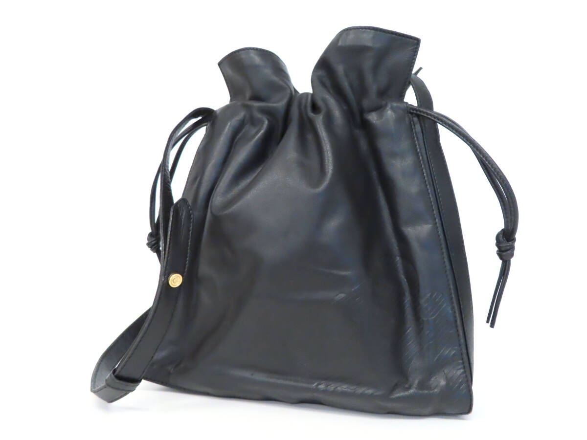 20221 LOEWE ロエベ アナグラム ロゴ エンボス ソフトレザー 巾着 ショルダーバッグ 肩掛け カバン 黒 ブラック レディース ヴィンテージ