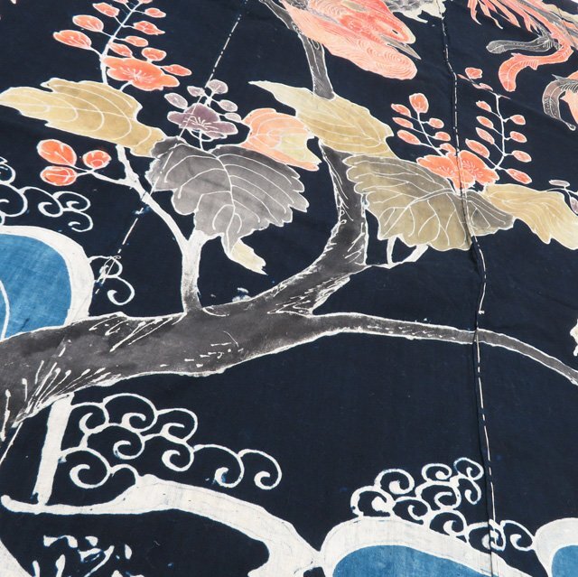 藍染 筒描き 筒描 筒書き つつがき 鳳凰 桐の花 波 古裂 時代布