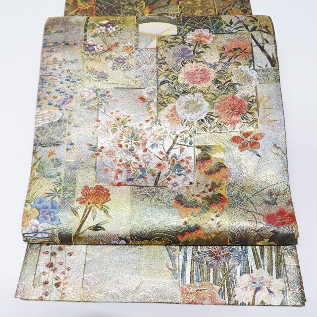 ★きもの北條★ 24金プラチナ三重箔　近代花鳥画　箔糸　全通　中古　正絹　袋帯　T694-12