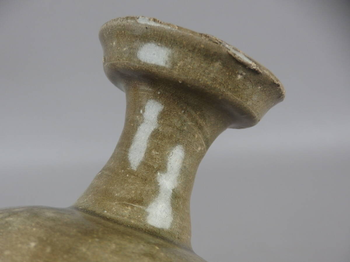 【海外輸入】 高麗青磁徳利 ☆李朝 茶道具 骨董 盤口瓶 花道 花生 fn096stl 李朝