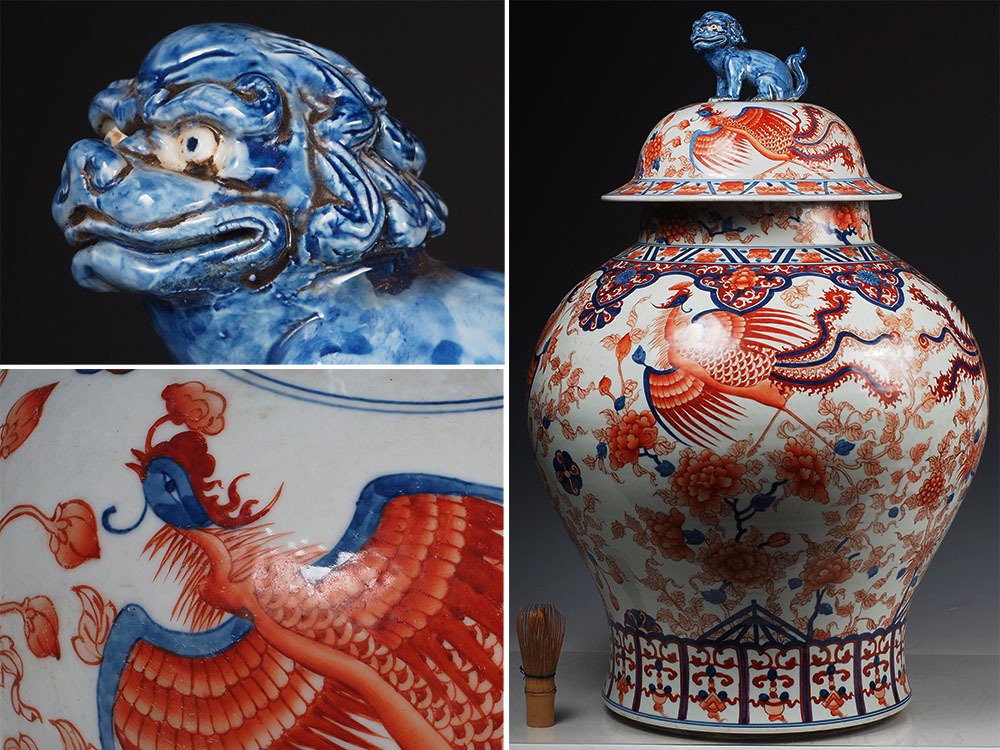 VH54_2 中國古玩 五彩 粉彩 青花 獅子摘 鳳凰文 蓋物 大壺 大花瓶 高さ69cm / 古伊萬里 中國美術(shù) 清代 明代 