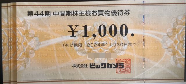 ビックカメラ株主優待 株主様お買物優待券1000円券4枚セット