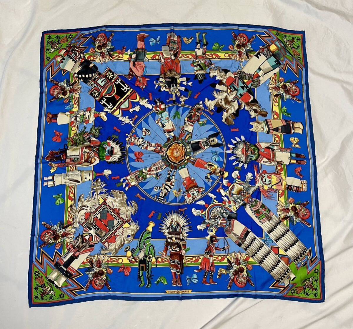 1円〜◯ 美品 エルメス(Hermes) カレ90 KACHINAS カチナ インディアンの守り神 民族柄 レディース シルク スカーフ ブルー，マルチカラ