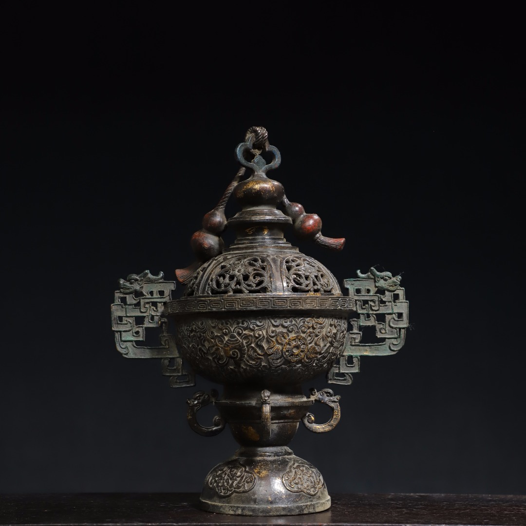 珍品旧蔵* 清時代 銅拓金 【双龍耳】 燻香炉 賞物 珍品旧蔵* 清時代 銅拓金 【双龍耳】 燻香炉 賞物
