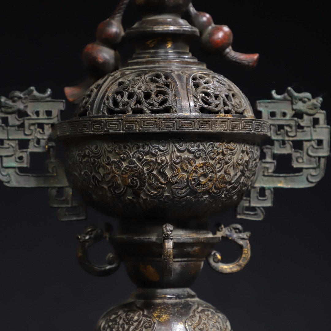 珍品旧蔵* 清時代 銅拓金 【双龍耳】 燻香炉 賞物 極細工 古美術 珍品旧蔵* 清時代 銅拓金 【双龍耳】 燻香炉 賞物 極細工 古美術