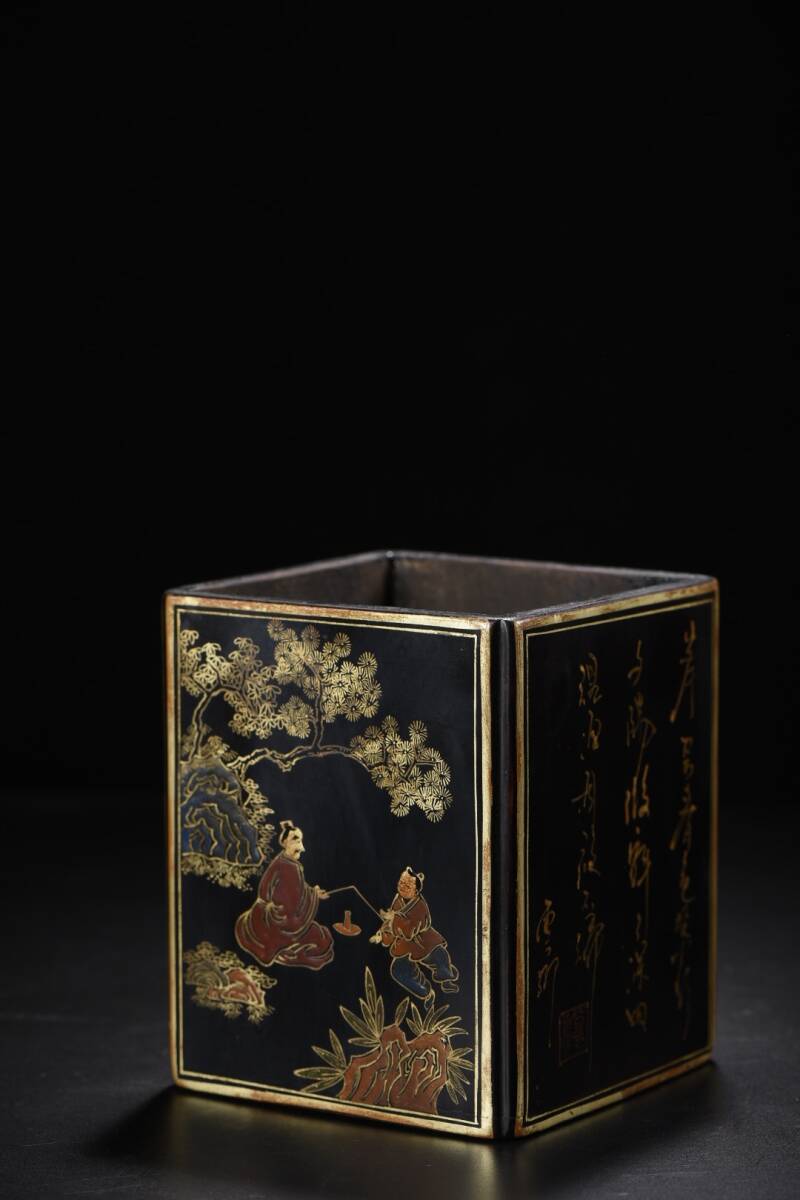 珍品旧蔵* 清時代 老木胎 描真金 漆器 人物物語 方筆 珍品旧蔵* 清時代 老木胎 描真金 漆器 人物物語 方筆