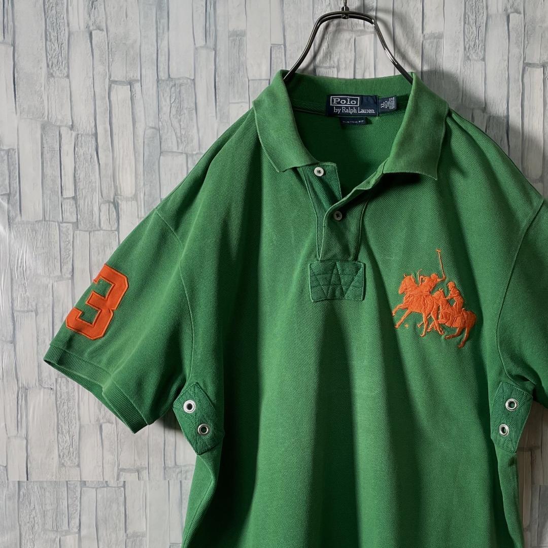 Ralph Lauren ポロシャツ グリーン×橙ダブルポニー袖背番號メンズXL