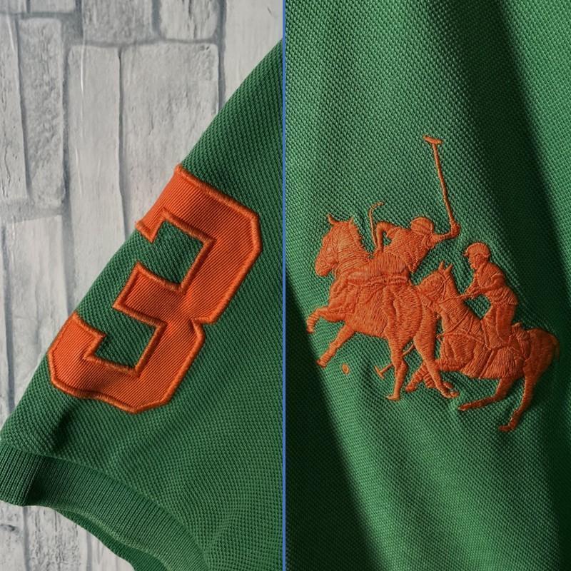 Ralph Lauren ポロシャツ グリーン×橙ダブルポニー袖背番號メンズXL