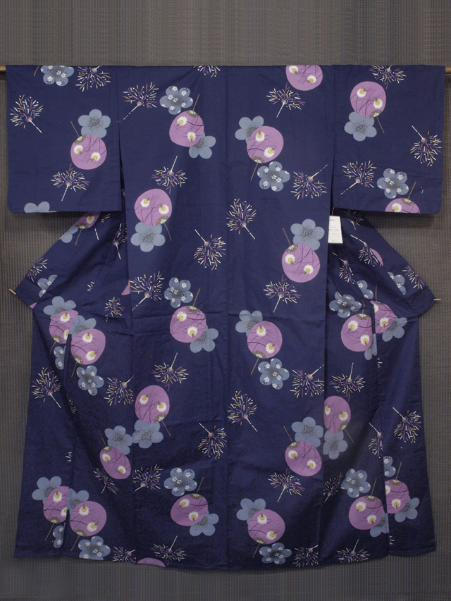 ★団扇に花と線香花火文 浴衣 ゆかた 綿着物 単衣 夏着物 丈165　TANH01004風楽