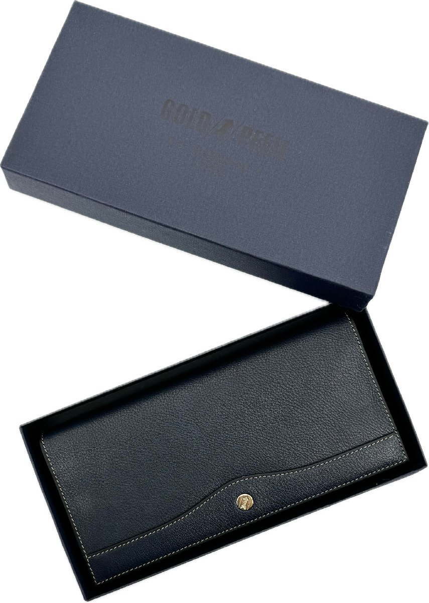 未使用品 GOLD PFEIL ゴールドファイル オックスフォード レザー 牛革 本革 二つ折り 長財布 札入れ GP10025 紺 日本製 定価￥27，500- 箱付