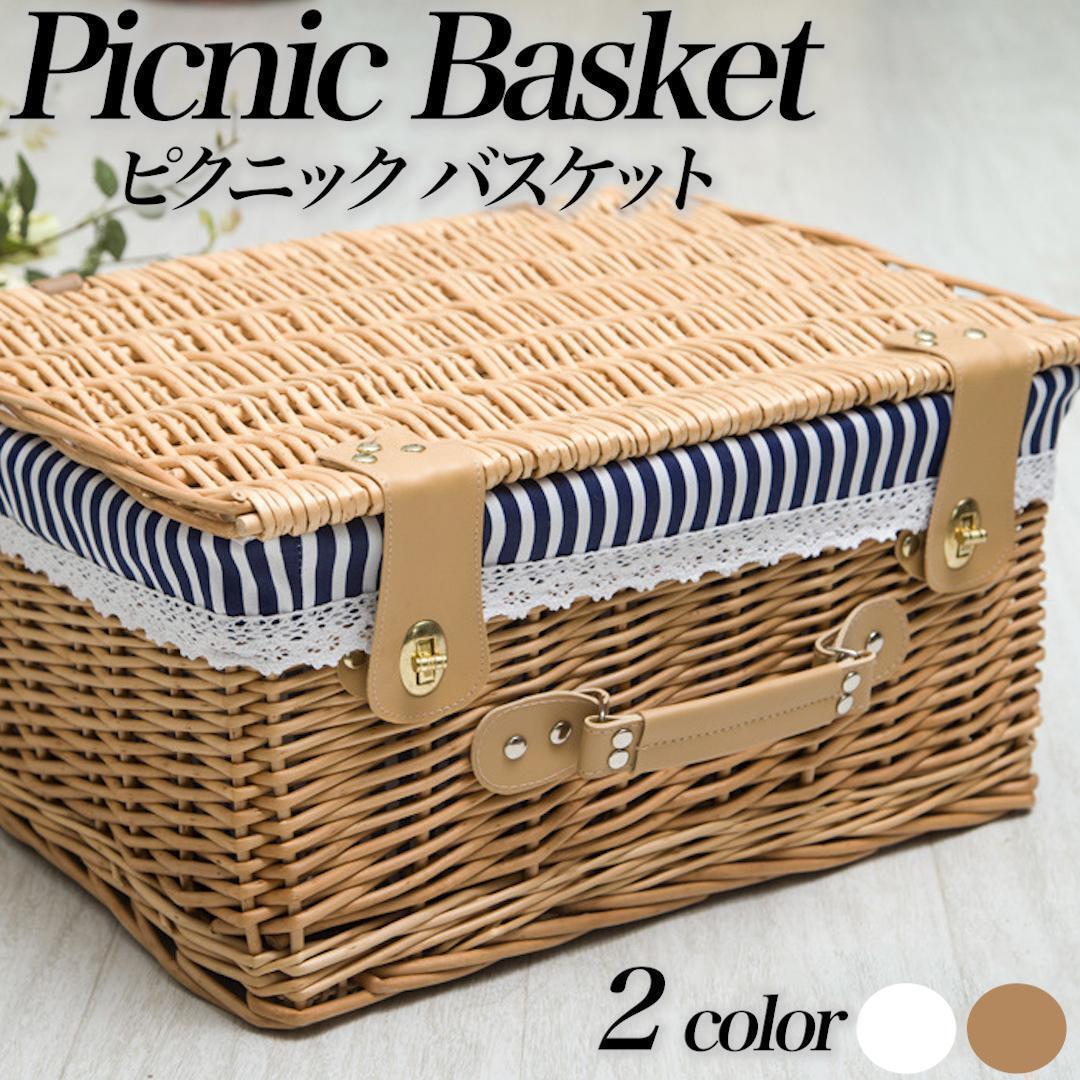 ワイト ボーダー ピクニックバスケット かご ランチバッグ 韓國 茶色ブラウン
