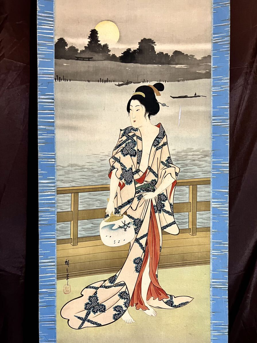 複製 S8 歌川広重 月夜浴衣美人 絹本 印刷工芸 夏景 浮世絵 美人