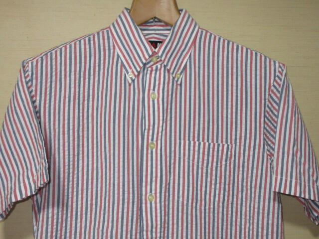 VAN JAC/Classics　ヴァン ヂャケット　半袖BDシャツ　ホワイト/レッド＆ネイビー/ストライプ　L　綿100%/シアサッカー　バック釦他