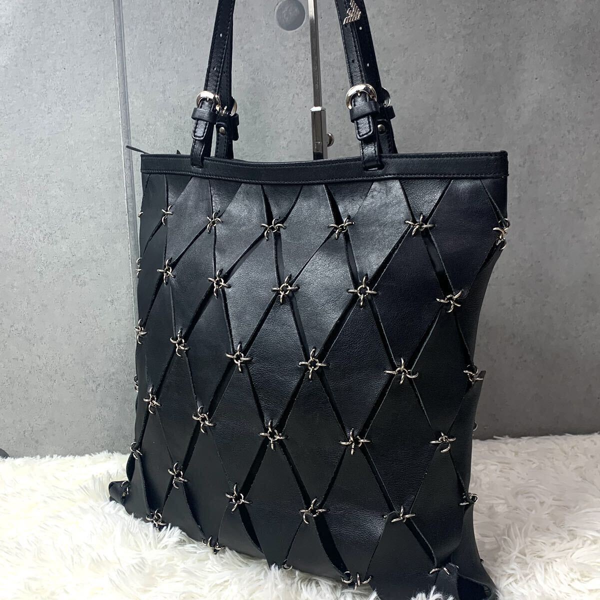極美品/極希少 ●EMPORIO ARMANI エンポリオアルマーニ トートバッグ ショルダー キルティング チェーン ロゴ ブラック 黒 レザー 革 A4可