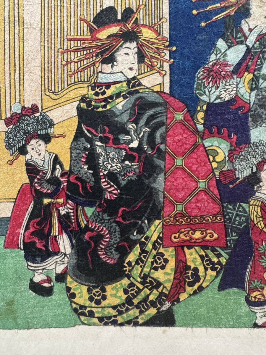 龍 花魁 明治期/真作 歌川芳虎 新吉原 大遊郭の図 本物浮世絵木 龍 花魁 明治期/真作 歌川芳虎 新吉原 大遊郭の図 本物浮世絵木