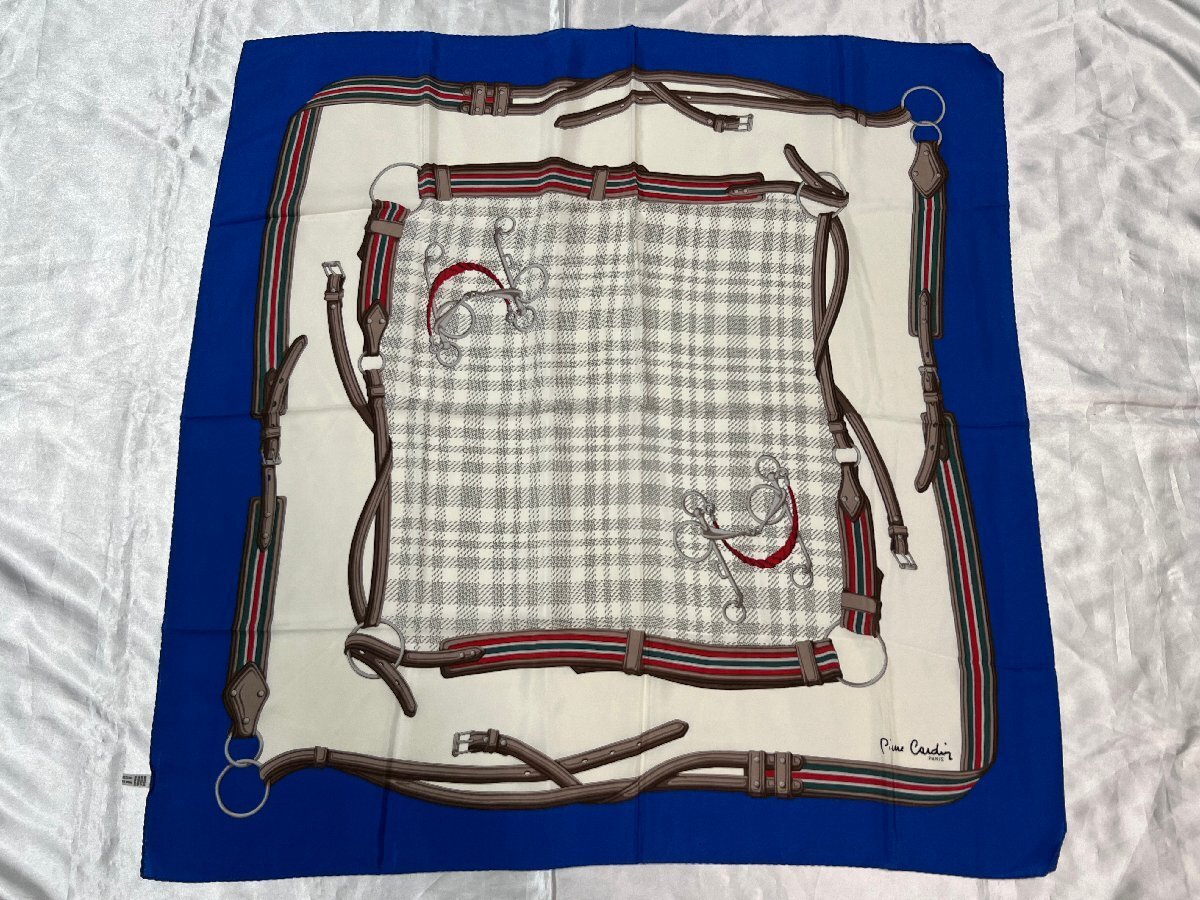 ■【YS-1】 ピエールカルダン Pierre Cardin スカーフ ■ シルク100% ブルー系 × オフホワイト系 85.5cm×84cm 【同梱可能商品】■B