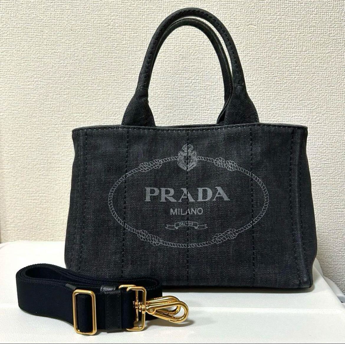 美品PRADAプラダカナパデニムトートバッグミニSS黒ブラック 美品PRADAプラダカナパデニムトートバッグミニSS黒ブラック