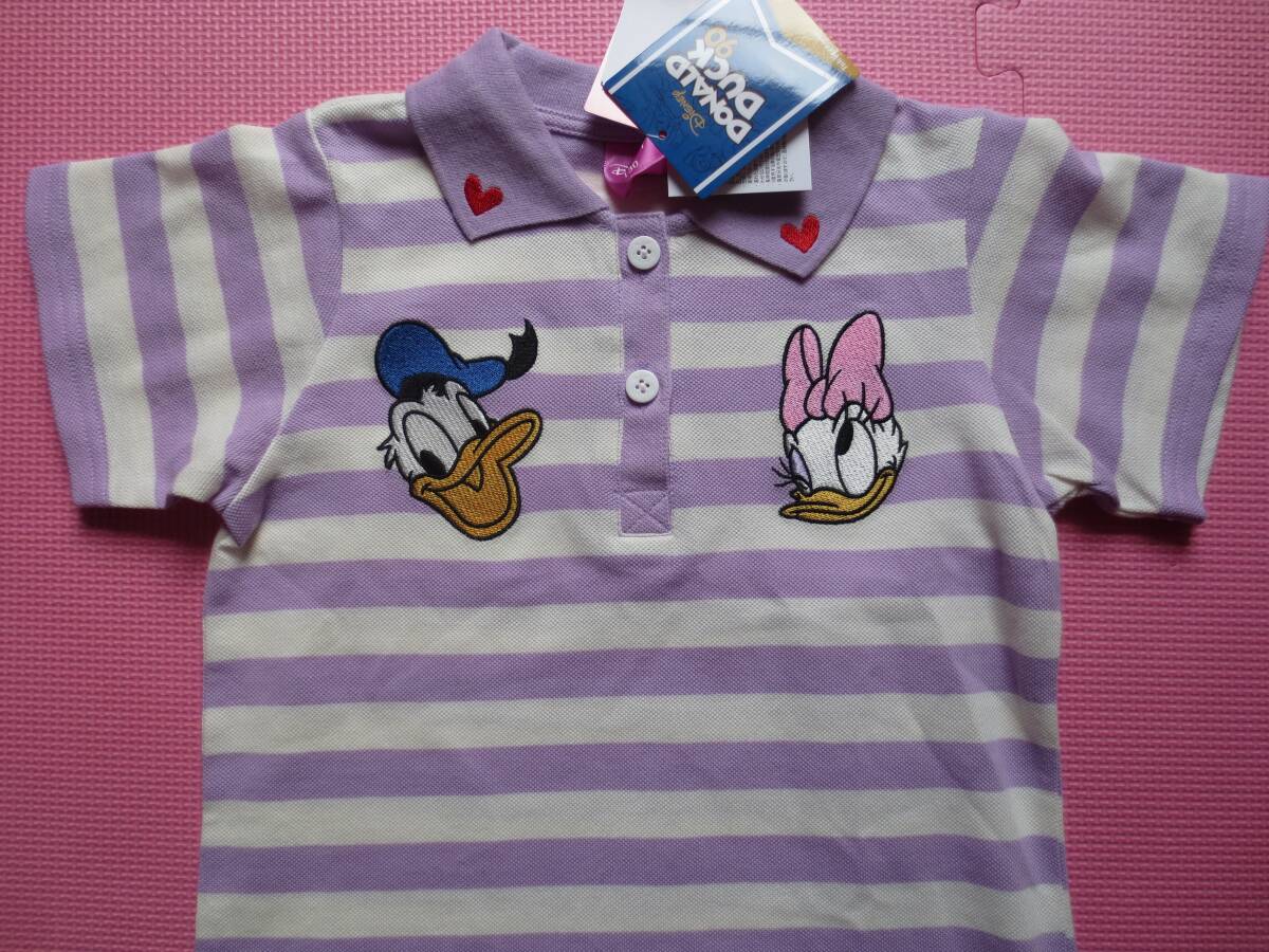 新品 130 デイジー ドナルドダック 半袖ポロシャツ 紫ボーダー柄 胸ワッペン 襟付き半袖Tシャツ ディズニー 女の子 夏物 120cm～ 送料無料