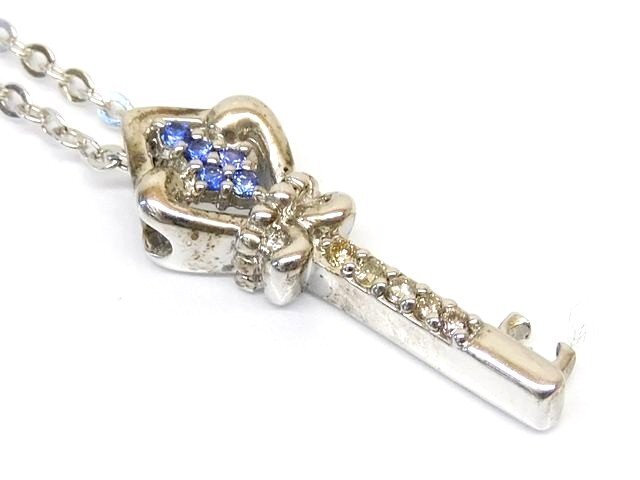 サファイヤ 0.056ct ダイヤ 0.05ct ■ シルバー 925 ネックレス キー 鍵モチーフ レディース ノーブランド □ 6H
