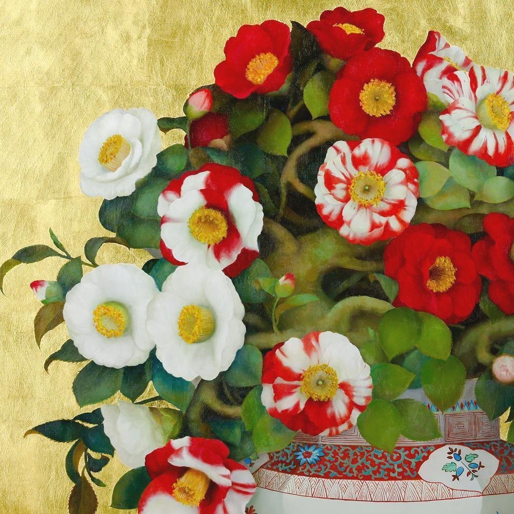 洋画 、日本画 椿百選【黒田 悦子作 ・洋画部 委員】・大調和会・洋画・日本画 真作】【WISH】黒田悦子「椿百選」油彩 30号 大作 金箔仕様 金背景