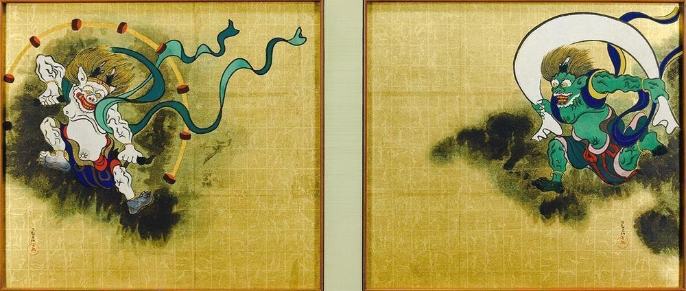 真作】【WISH】尾形光琳「風神雷神図」木版画 二作品一額装 証明書付 真作】【WISH】尾形光琳「風神雷神図」木版画 二作品一額装 証明書付