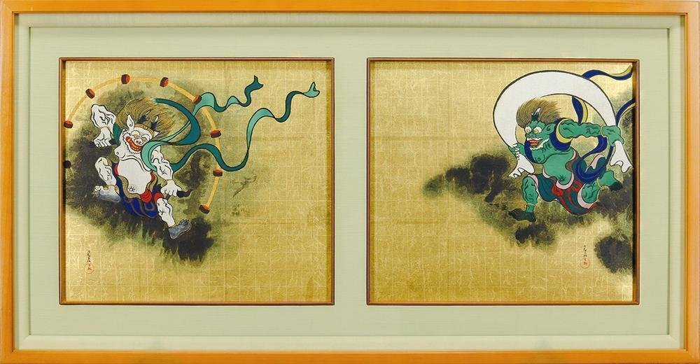 真作】【WISH】尾形光琳「風神雷神図」木版画 二作品一額装 証明 真作】【WISH】尾形光琳「風神雷神図」木版画 二作品一額装 証明