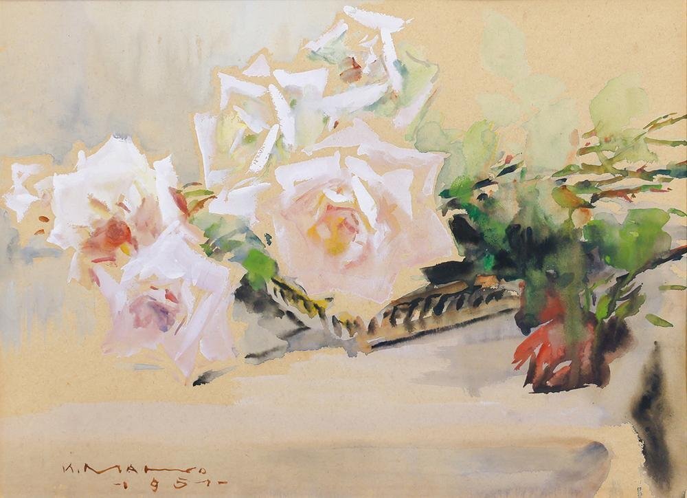 真作 WISH 真野紀太郎 薔薇 水彩 1951年作 証明シール 薔薇図 〇 真作 WISH 真野紀太郎 薔薇 水彩 1951年作 証明シール 薔薇図 〇