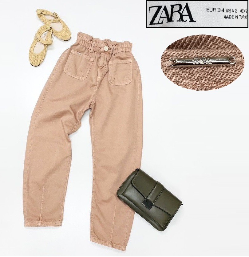 /34/ ZARA ピンク ペーパーバッグデニムパンツ レディース カジュアル 通勤 コットン ジーンズ 大人可愛い フロントポケット ザラ
