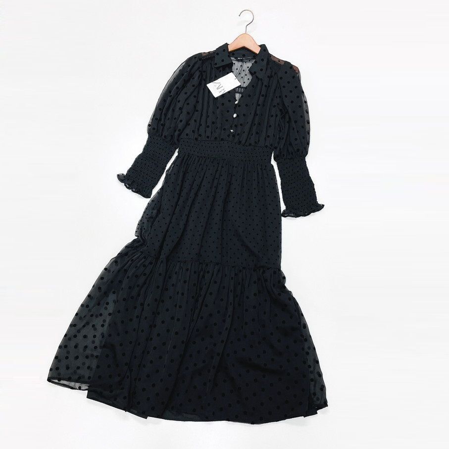 XS/ ZARA ブラック シアードットワンピース 長袖 タグ XS/ ZARA ブラック シアードットワンピース 長袖 タグ