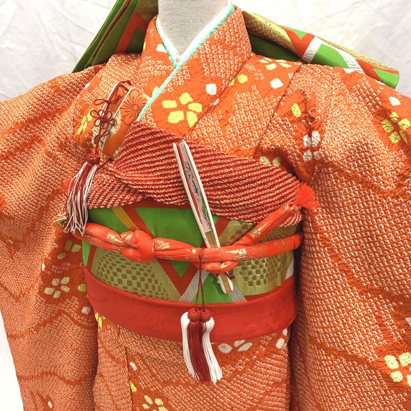 ■七五三 七歳 女児 総絞り 著物&袋帯&長(zhǎng)襦袢 小花文■美品 408ag62
