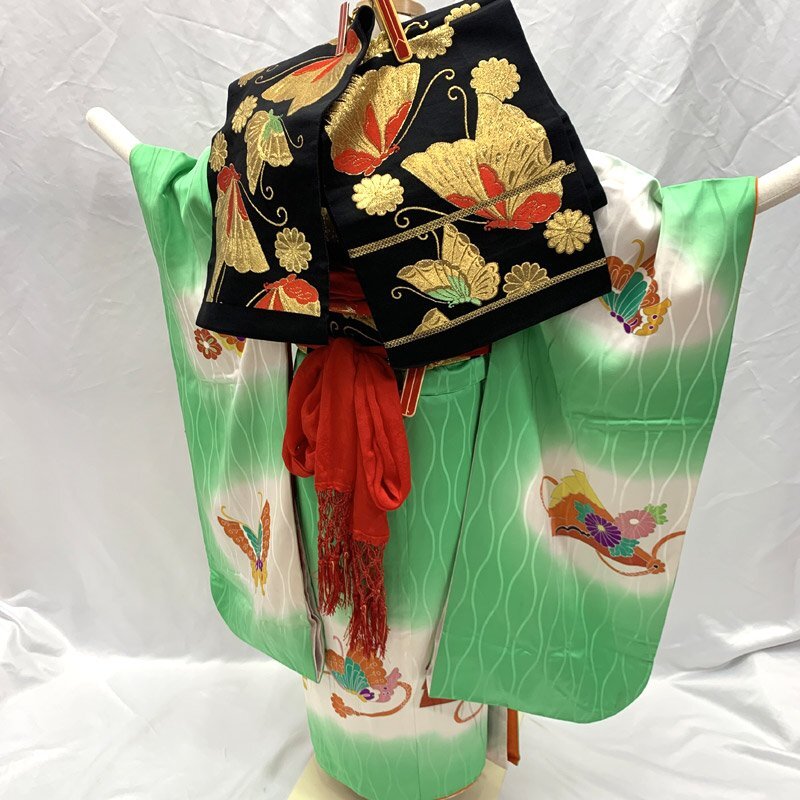 ■七五三 七歳 女児 著物&袋帯&長(zhǎng)襦袢 Onward 金駒刺繍■良好 408ag61