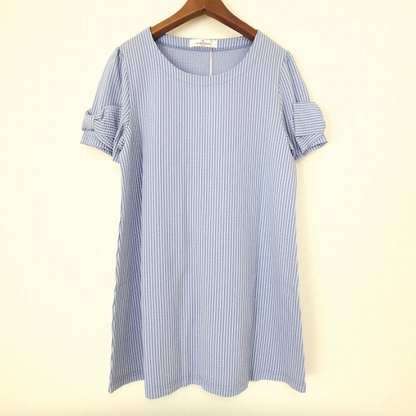 #snc ギャラリービスコンティ GALLERYVISCONTI チュニック 3 青系 白 半袖 ストライプ リボン タグ付き 美品 レディース [900246]
