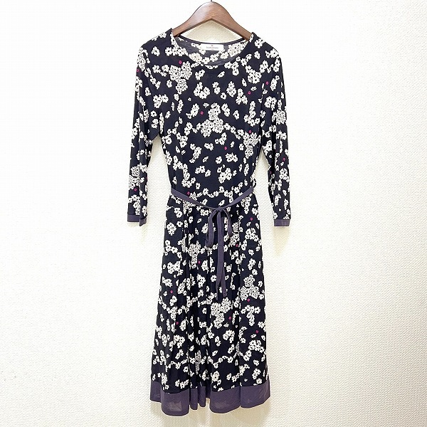 #anc ギャラリービスコンティ GALLERYVISCONTI ワンピース 2 黒系 ベージュ 紫 花柄 ベルト紐付き 七分袖 レディース [899586]_画像1