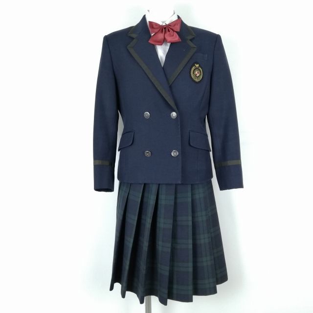 1円 ブレザー チェックスカート リボン 上下4点セット 冬物 女子 学生服 東京日本大学第三高校 紺 森英恵 制服 中古 ランクC EY7453