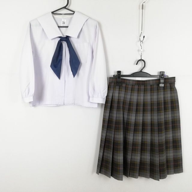 1円 セーラー服 チェックスカート スカーフ 上下3点セット LL 大きいサイズ 中間服 女子 学生服 中学 高校 白 制服 中古 ランクC EY9930