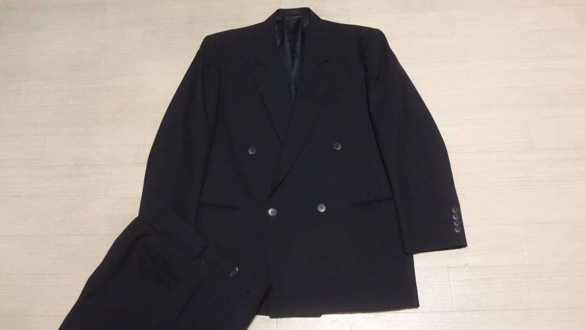 美品175cmW76-86cm☆アジャスター付★日本製BORTONIA★春夏物★上質ダブルフォーマルスーツ黒/ブラック冠婚葬祭礼服喪服結婚葬式儀★背抜き
