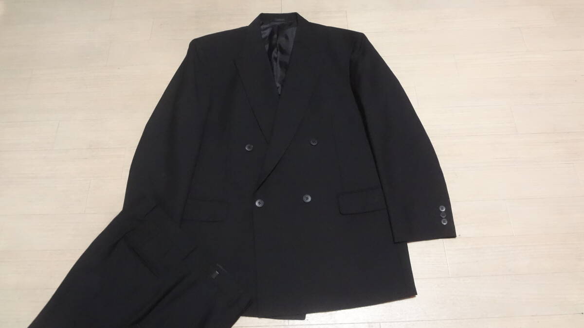 美品180cmW82-94cm AB7☆特大サイズ★アジャスター付★FARAGO★春夏物★上質ダブルフォーマルスーツ黒/ブラック冠婚葬祭礼服喪結婚式