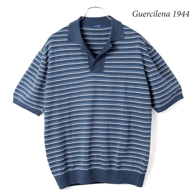 ◆【Guercilena 1944(グエルチレーナ)春夏/リネンコットンハイゲージボーダー柄半袖スキッパーニットポロシャツ(LUIGI/R)】[grc2380141-44]