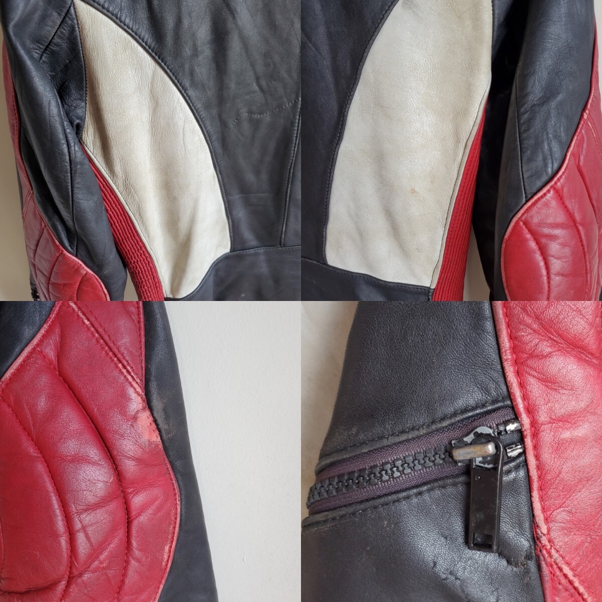 935◆【size48？】KRAWEHL LEDER バイクウエア レーシングジャケット 上のみ 赤×白×黒 レザー 本革 中古 USED 古着 ダブルライダース