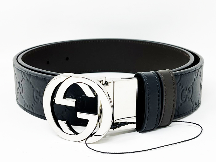グッチ シマライン ベルト メンズ リバーシブル シグネチャー インターロッキングG 473030 未使用品 ブラック レザー