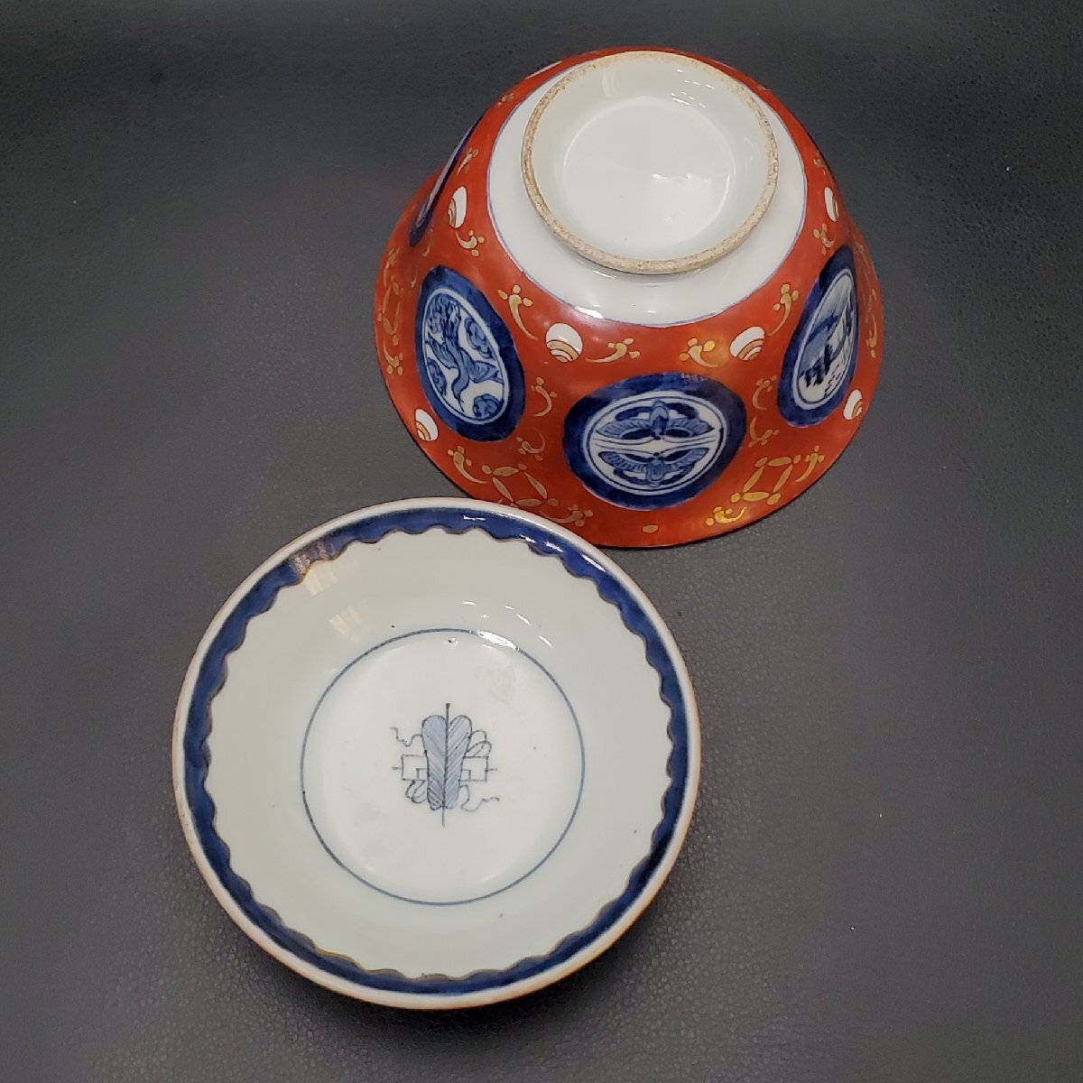 【寶蔵】時(shí)代物 古伊萬里 金彩 赤絵 丸文 蓋茶碗 蓋物 3客 懐石道具 ③