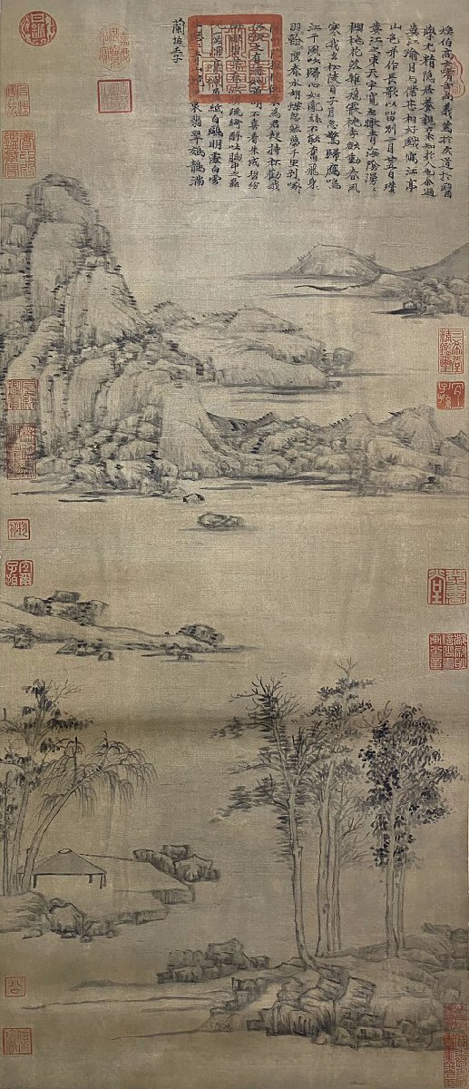 □観心 時代旧蔵□C021中国古書画 倪 山水図 絹本 掛け軸 書画 □観心 時代旧蔵□C021中国古書画 倪 山水図 絹本 掛け軸 書画
