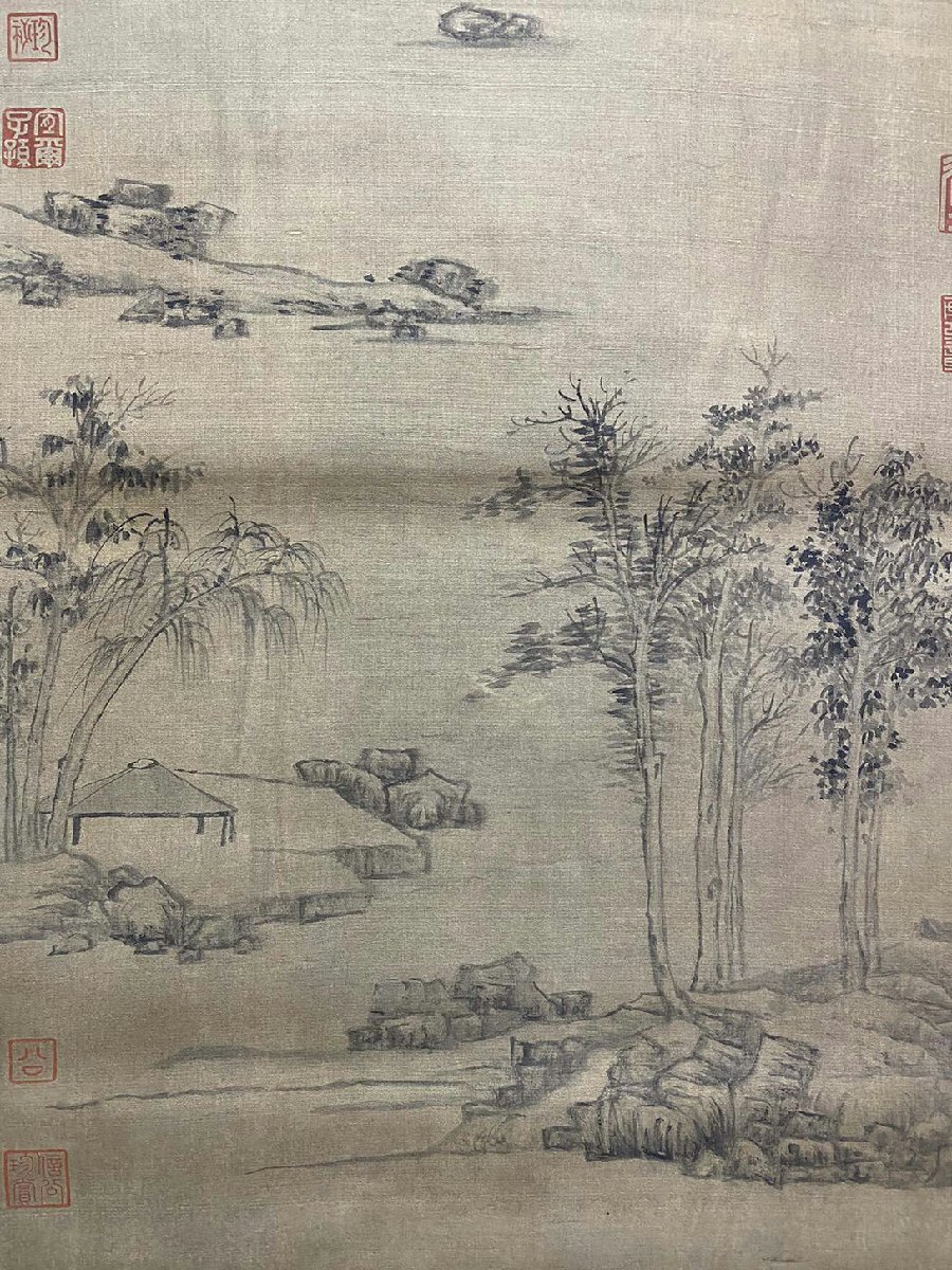 □観心 時代旧蔵□C021中国古書画 倪 山水図 絹本 掛け軸 書画 □観心 時代旧蔵□C021中国古書画 倪 山水図 絹本 掛け軸 書画