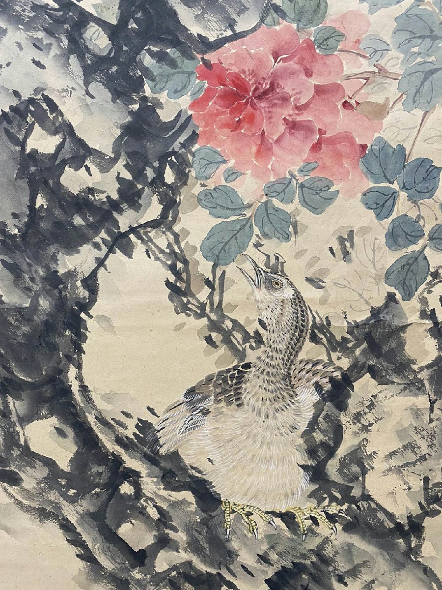 □観心 時代旧蔵□C532中国古書画 余省 牡丹錦鶏図 紙本中堂 □観心 時代旧蔵□C532中国古書画 余省 牡丹錦鶏図 紙本中堂